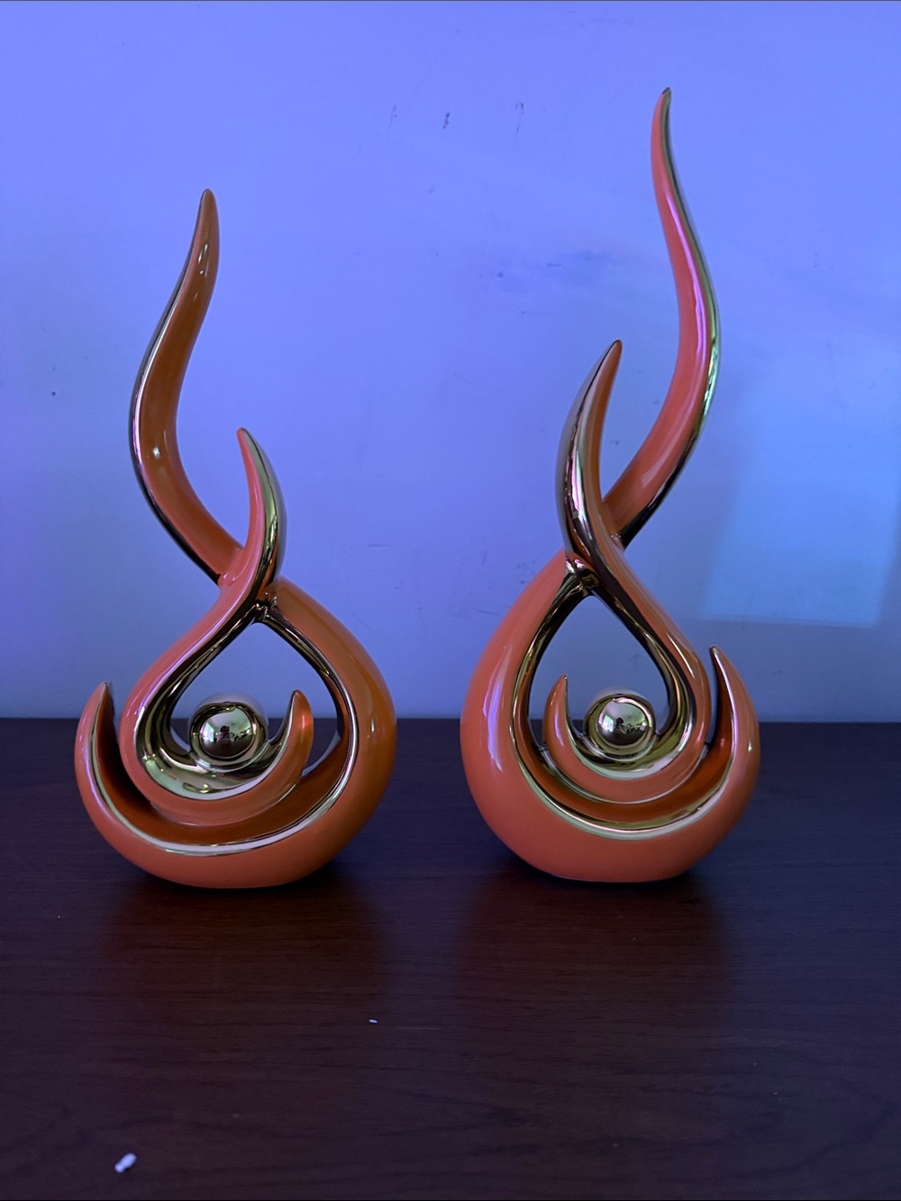 Contemporary Orange Flame Ceramic Sculpture with Gold Accent - Home Art